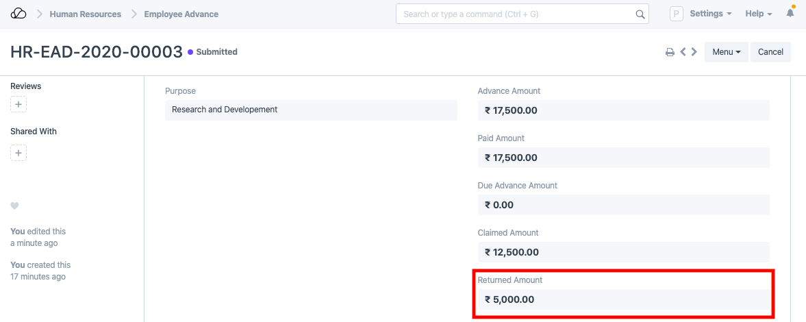 返回预付款金额