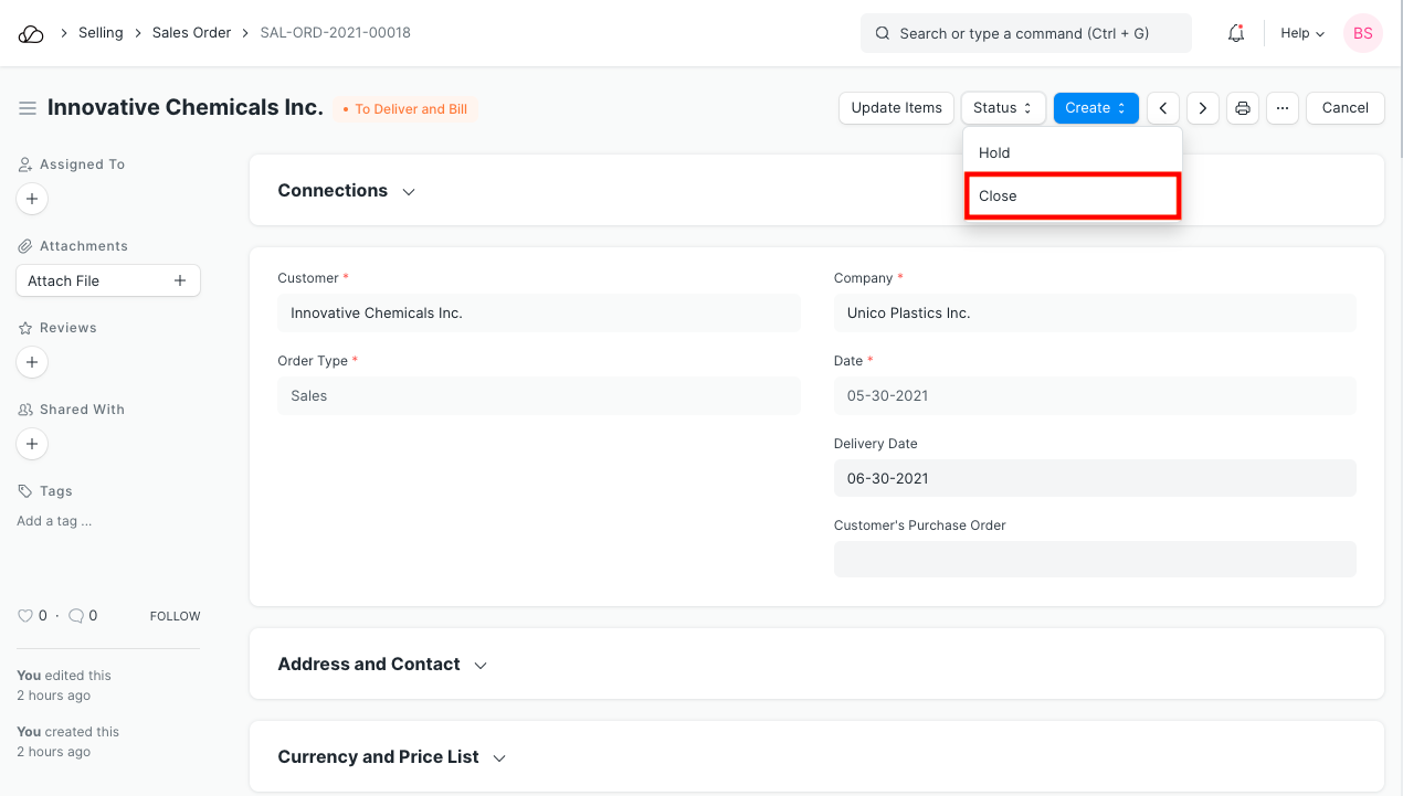 销售订单中的关闭选项