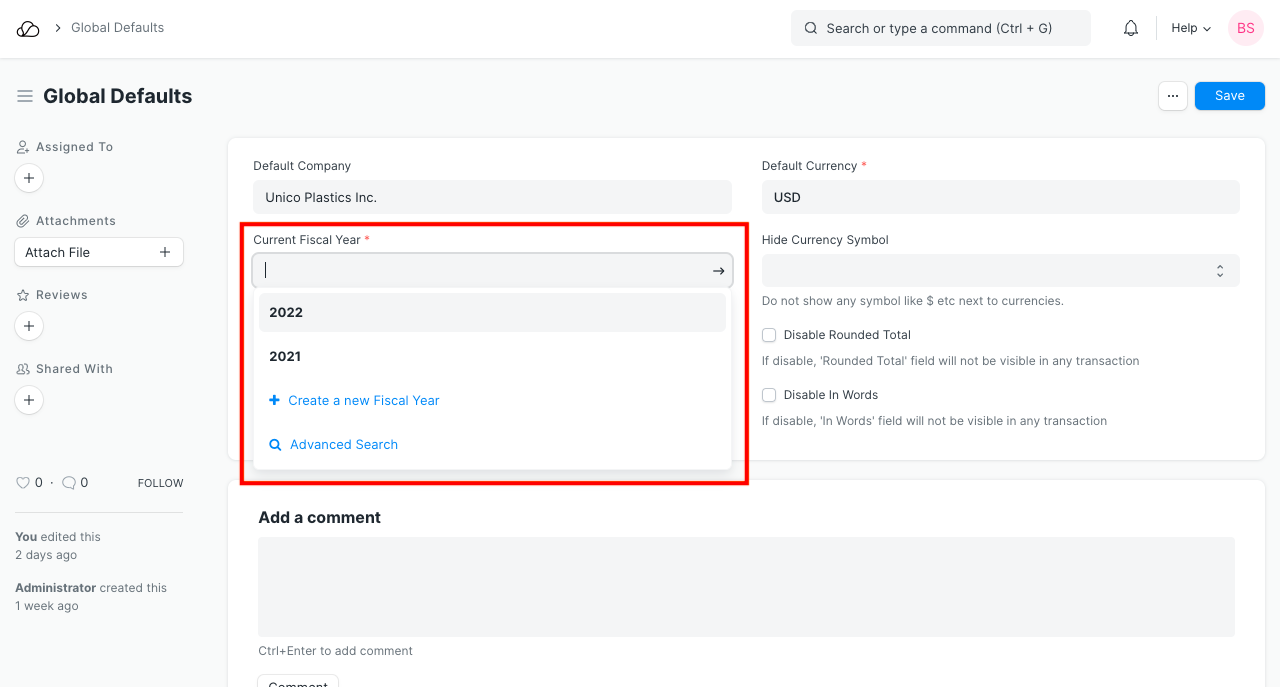 全球默认的当前会计年度设置