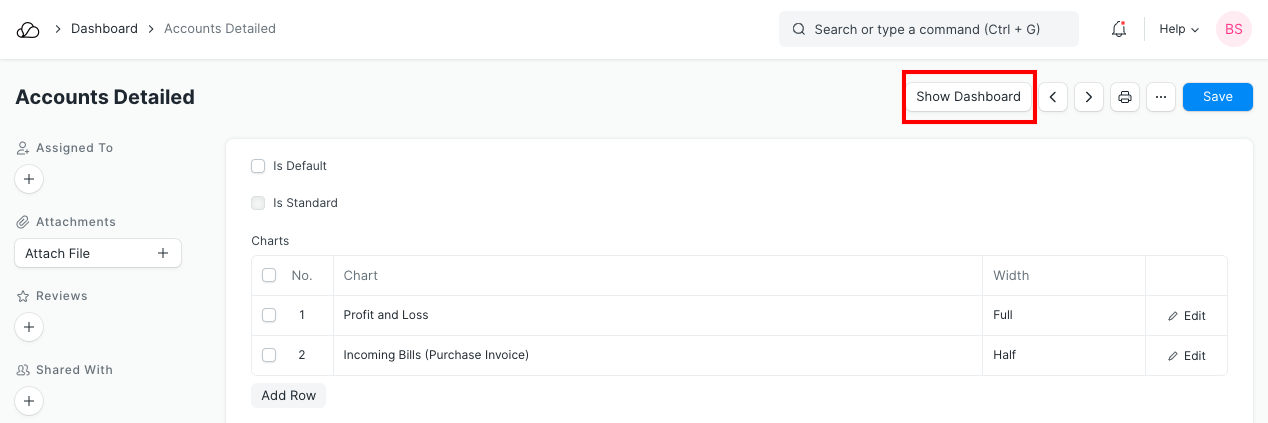 显示仪表板按钮