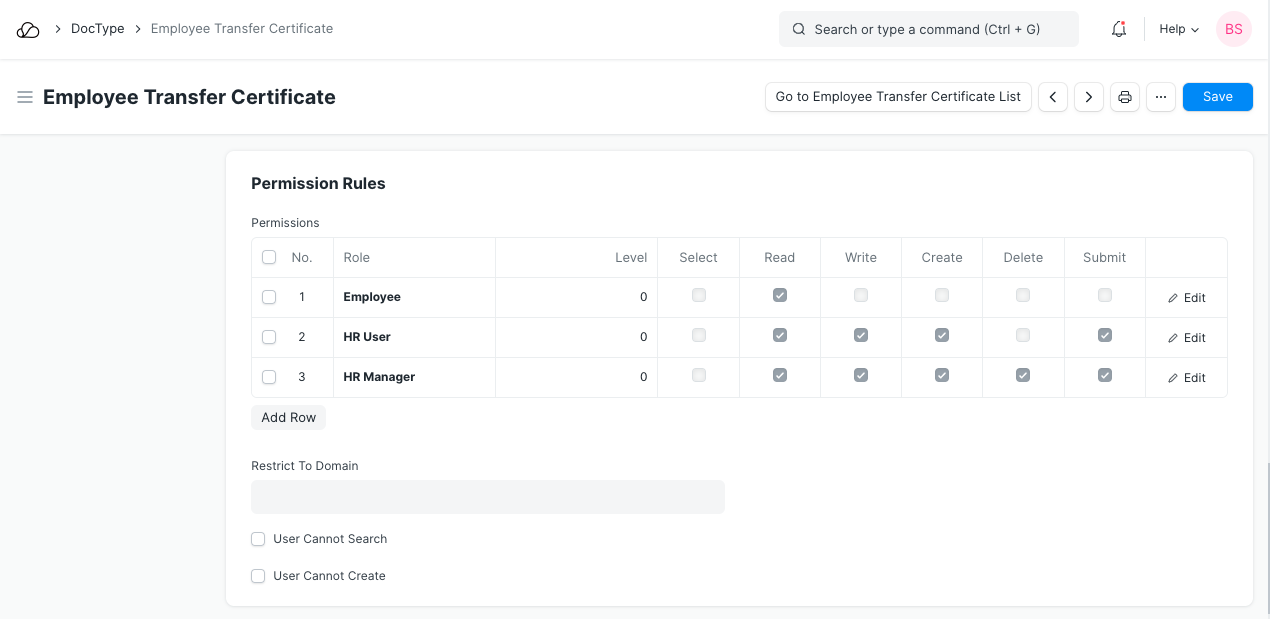 自定义 DocType 权限