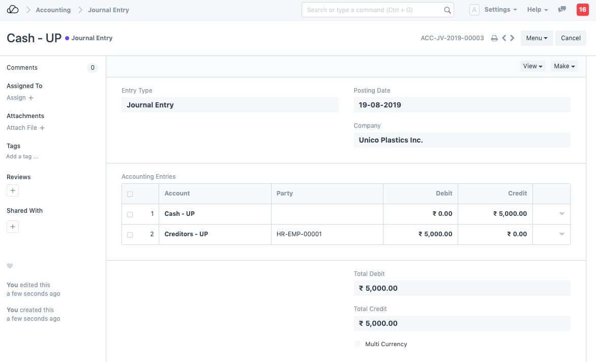 通过日记帐分录员工预付款