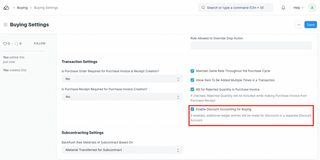 启用折扣会计购买复选框