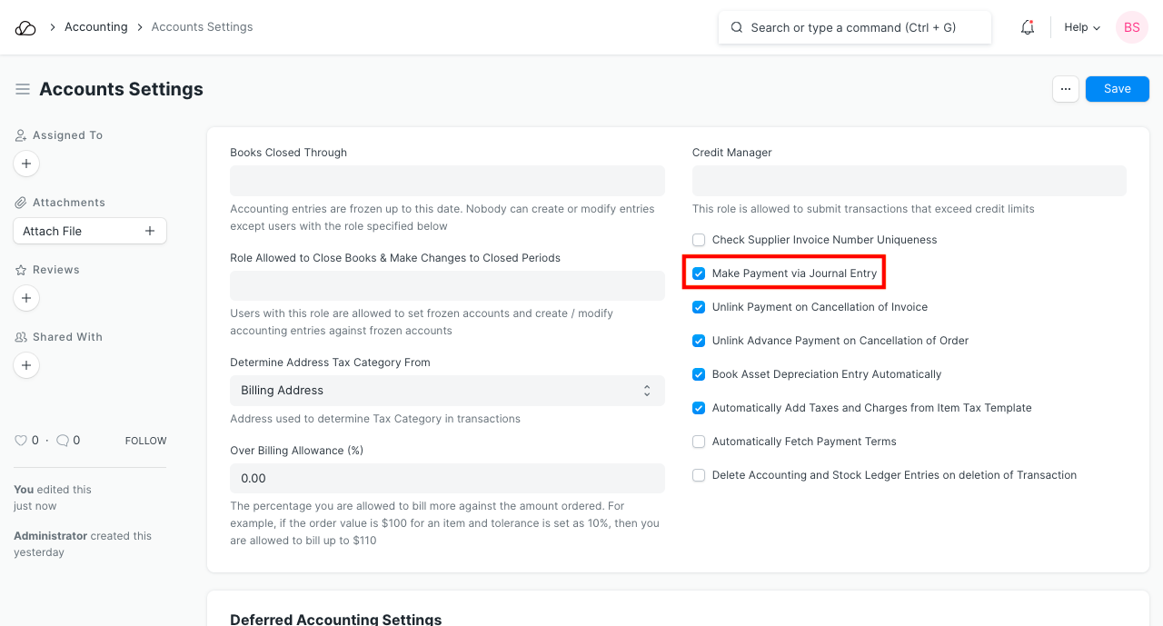通过日记帐条目启用付款条目