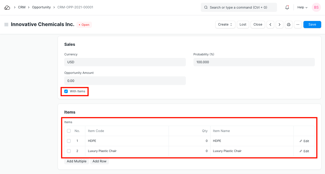 机会中的项目详细信息