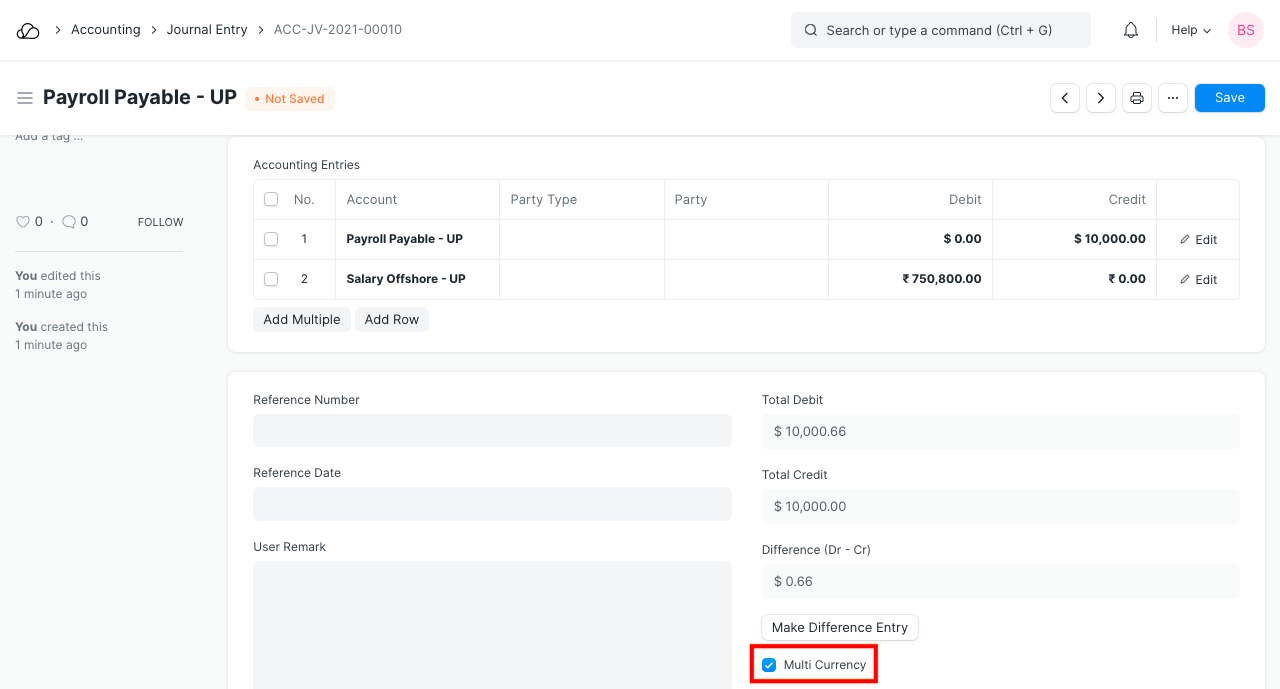 日记帐分录中的多种货币