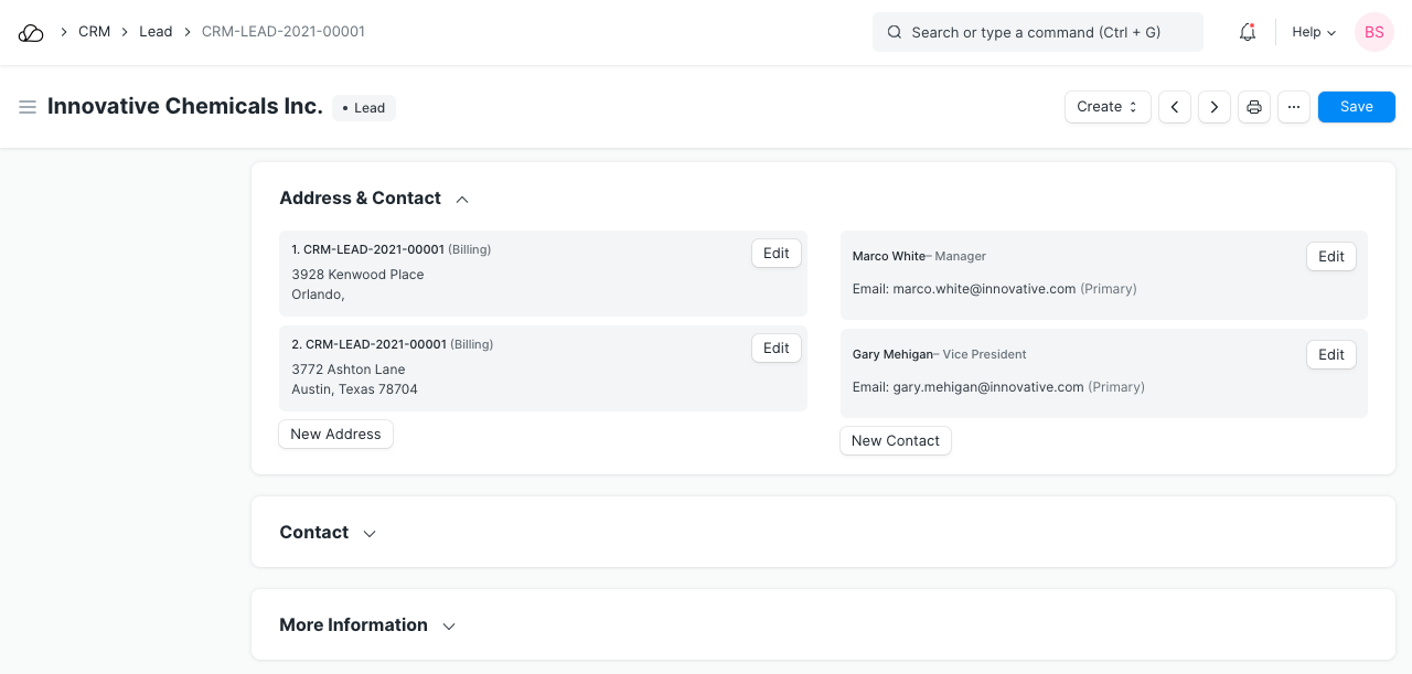 潜在客户中的多个联系人和地址