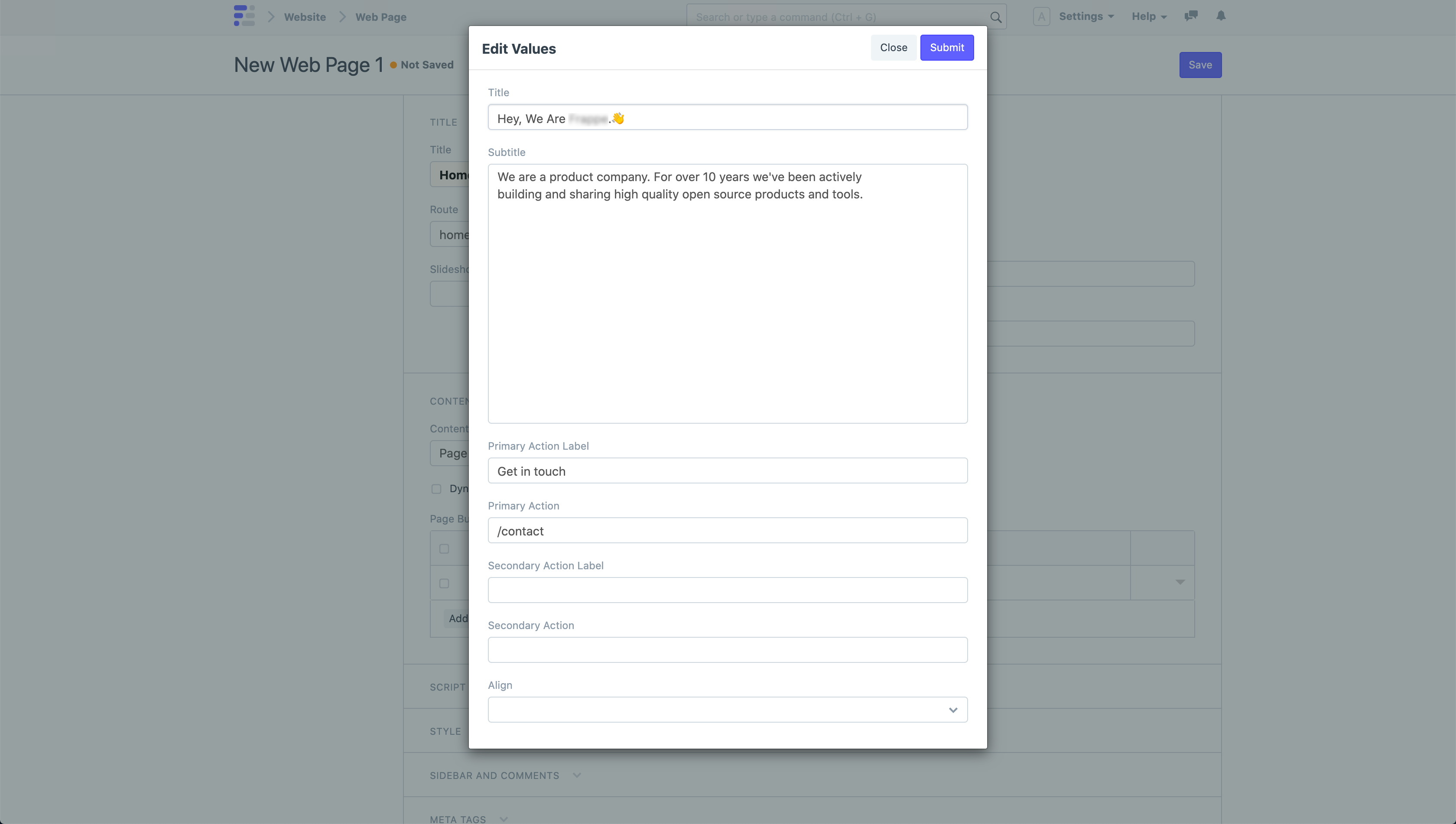 页面生成器编辑值对话框