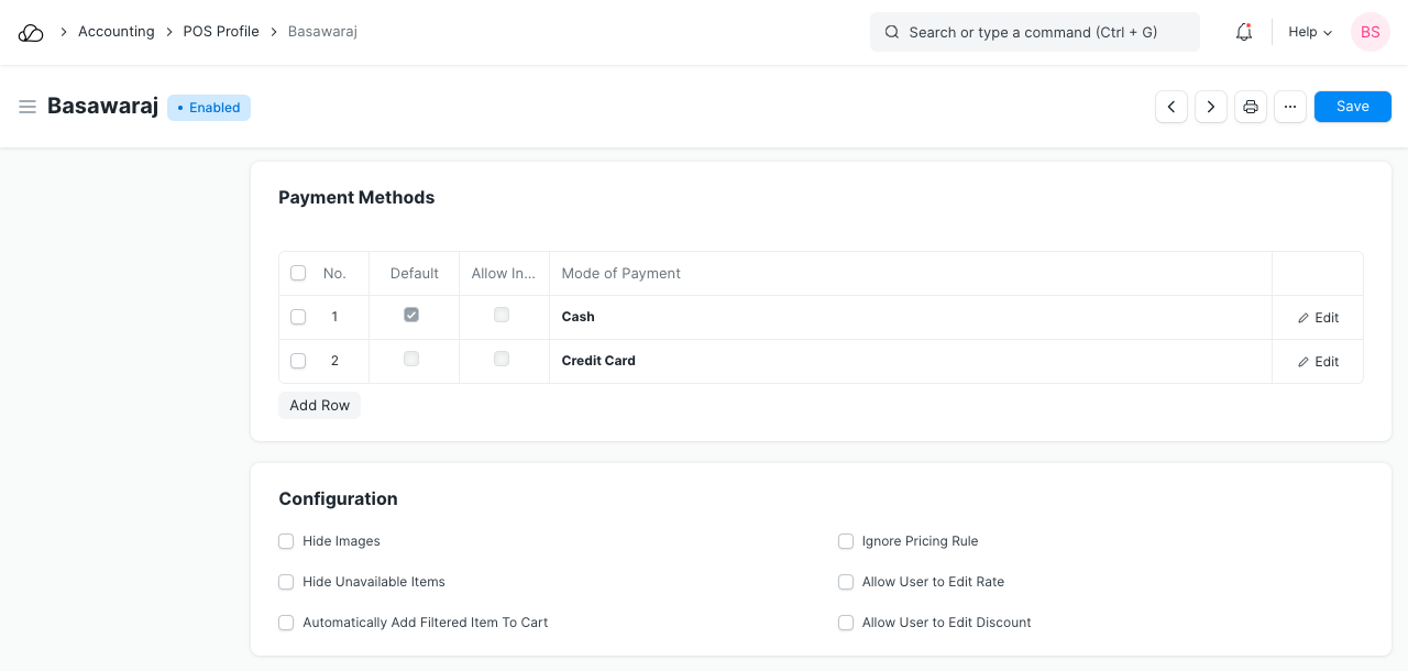 POS 配置文件中的付款方式