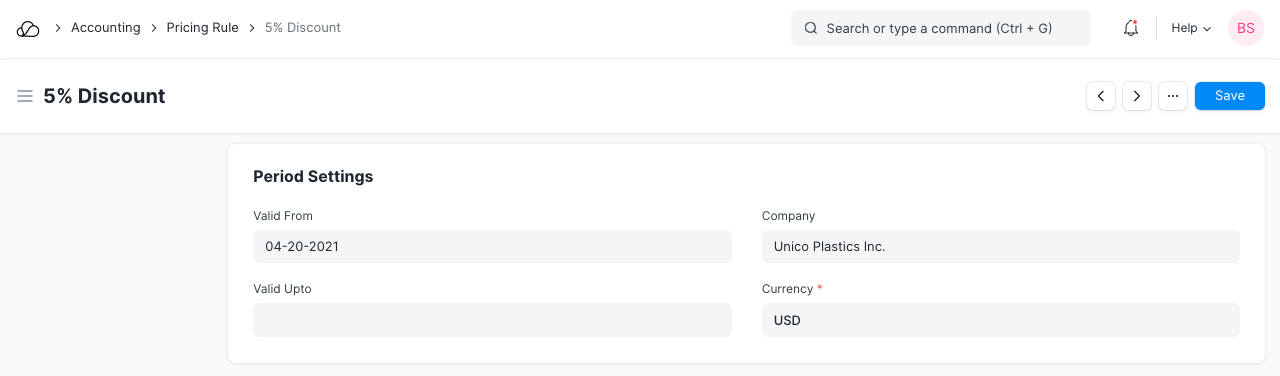 定价规则期间设置