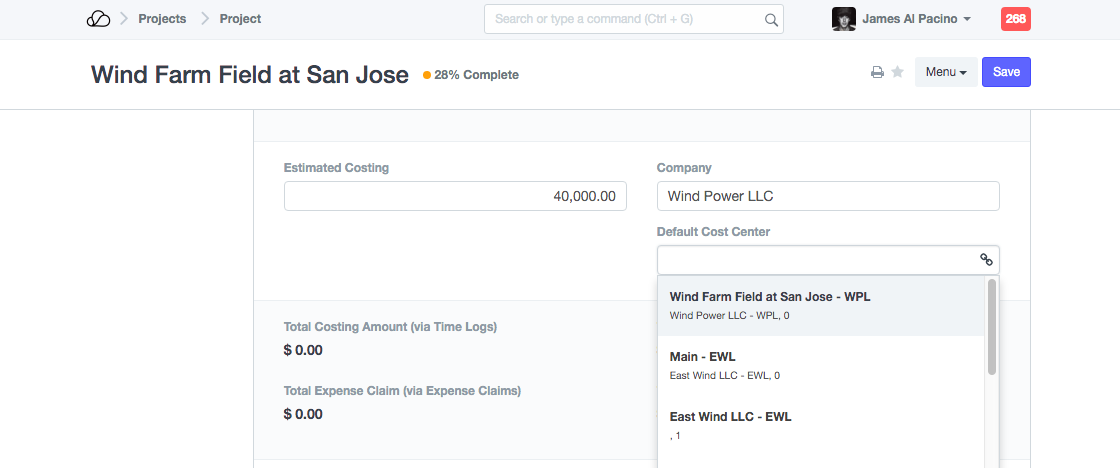 项目默认成本中心
