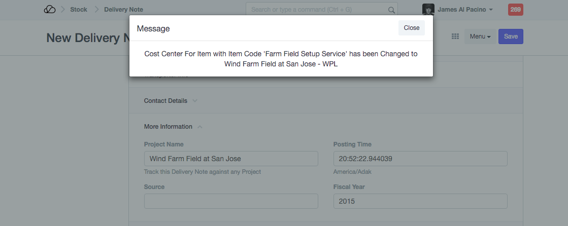 项目默认成本中心