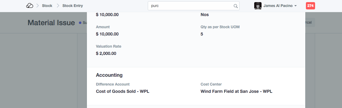 项目默认成本中心