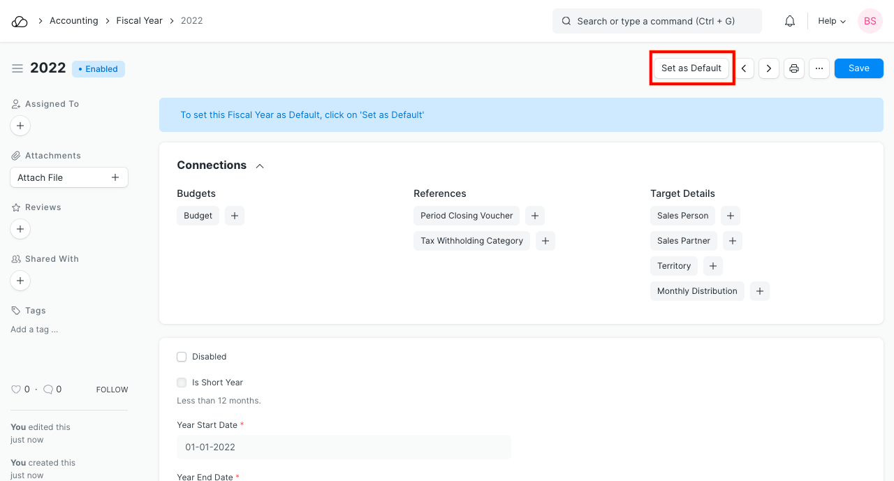 将会计年度设置为默认