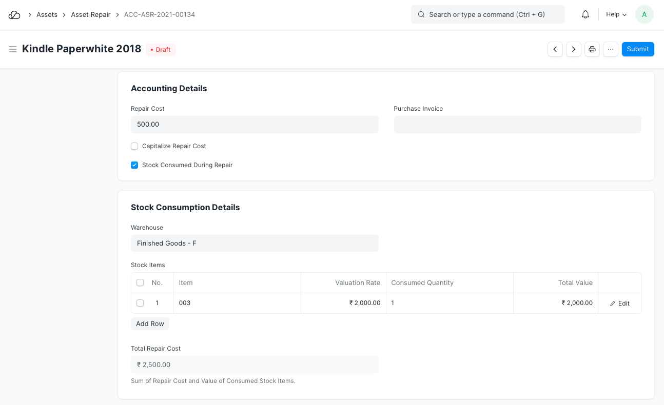 已检查修复期间消耗的库存的资产修复