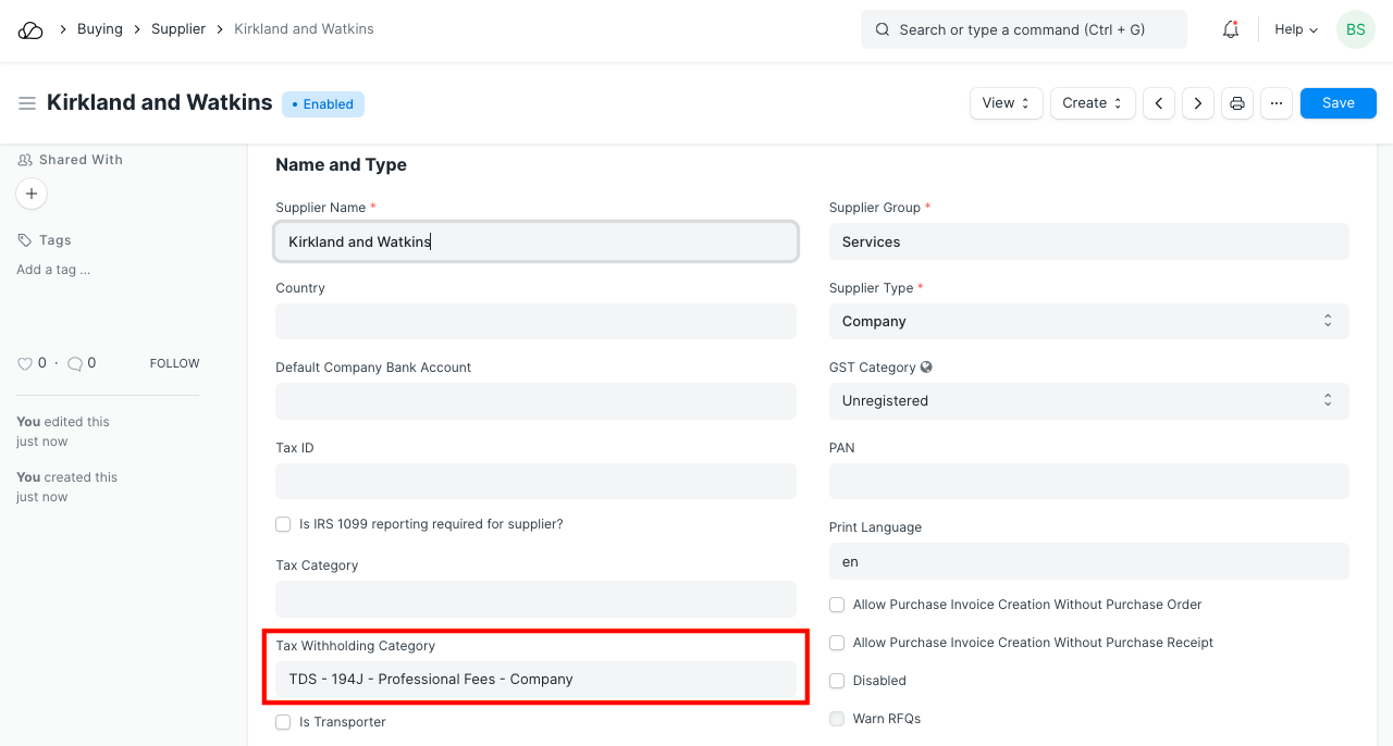 供应商中的预扣税类别