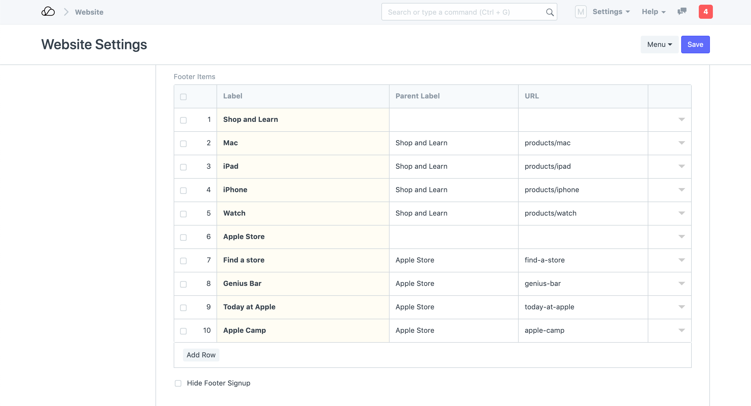 网站设置-页脚链接