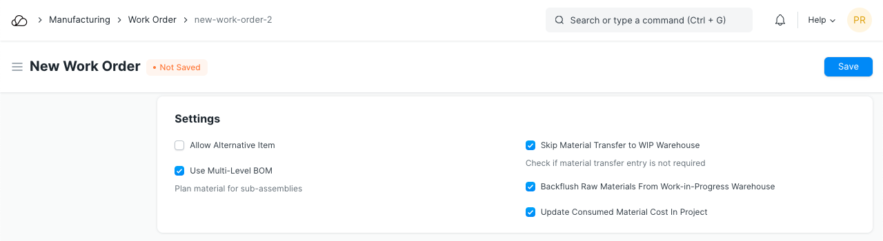 创建 WO 时的选项